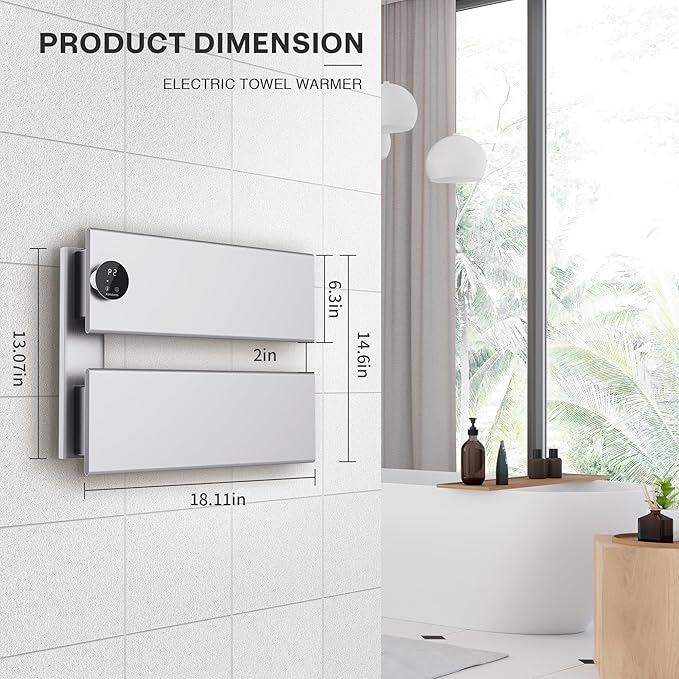 K&KALONZO Electric Towel Warmer, 18.35" W x 14.6" H Wall-Mounted Towel Heater with Built-in Timer, Waterproof Aluminum Towel Warmer for Bathroom, Support Plug-in and Hardwired, Silver, K2-L-S