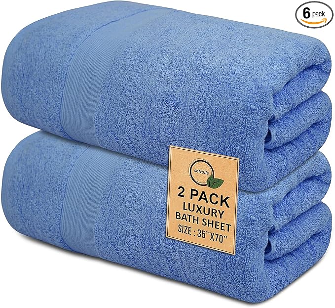 Softolle 100% Cotton Luxury Bath Sheets - Pack of 2 (35" x 70") | Super Soft, Quick-Dry & Highly Absorbent Towels for Bathroom, Home, Spa & Gym (Sky Blue)