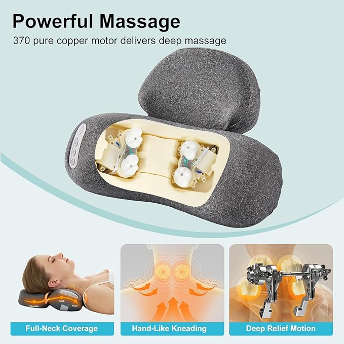 3-in-1 Neck Massager Pillow with Heat, 2-Speed Adjustable Deep Tissue Kneading Massage, Rechargeable Traction Massager for Home Office Travel