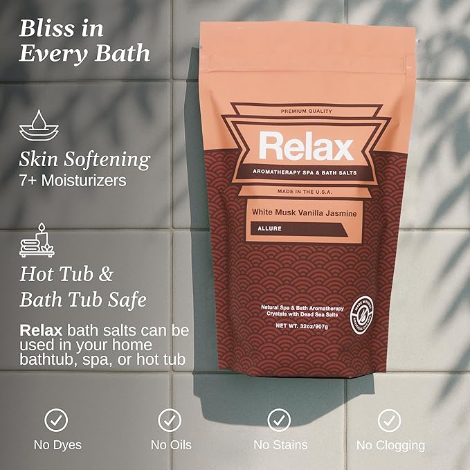 Relax Spa & Bath Aromatherapy Bath Salts for Hot Tub, Bath, or Spa, 2LB Bag Infused with Magnesium, Bath Salt for Soaking, White Musk Vanilla Jasmine Scent