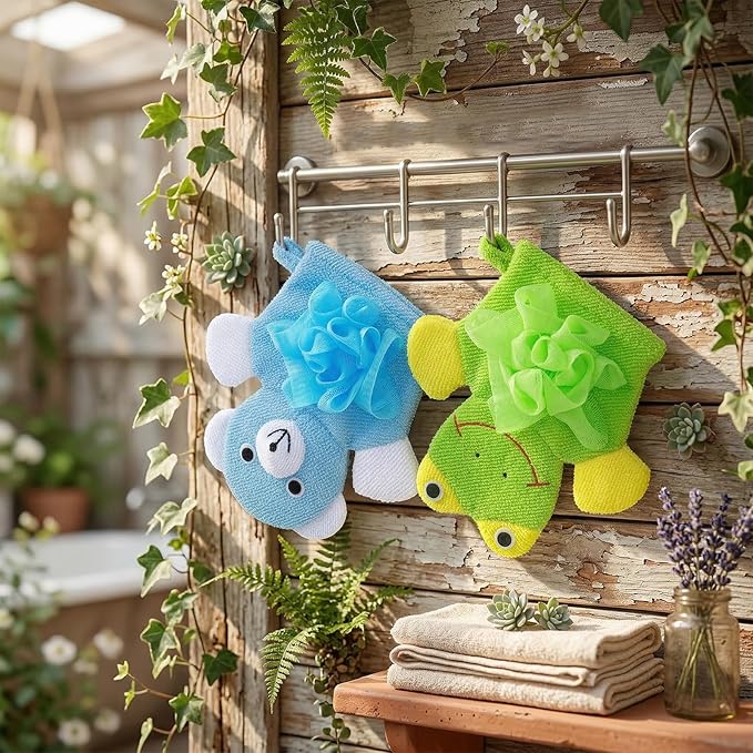 Bath Gloves Loofah for Kids, 2 Pcs Cute Animal Kids Sponges Shower Gloves Loofah Colorful Exfoliating Body Scrubber for Baby Gentle Soft and Easy to Lather (Blue Bear, Green Frog)