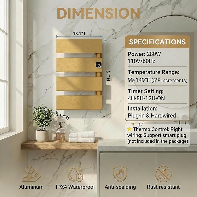Electric Towel Warmer, Heated Towel Rack with Thermo Control and Timer, Fast Heating Towel Rail for Bathroom with Memroy Function, Work with Smart Plug, Right-Wiring, 4 Panel, Gold