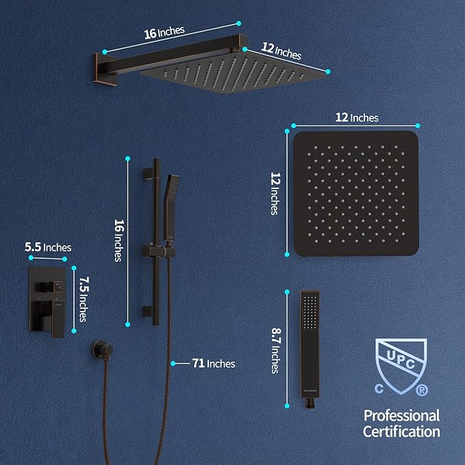 SR SUN RISE 12 Inch Oil Rubbed Bronze Shower Faucet Set, Wall-Mount Adjustable 16-Inch Slide Bar with Square Hand Shower System Included Valve and Trim Kit
