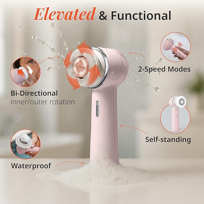 Raedia 2.0 Handheld Facial Cleansing Brush with 4 Interchangeable Brush Heads by Vanity Planet - Lightweight Daily Cleansing Brush for Glowing Skin - Water Resistant Face Exfoliator - Pink