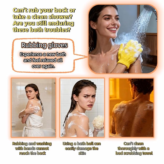 Exfoliating Shower Gloves, 2 Pairs Reinforced Nylon Bath Scrubbing Mitts, Orange and Yellow, One Size Fits All, Body Cleansing Massage