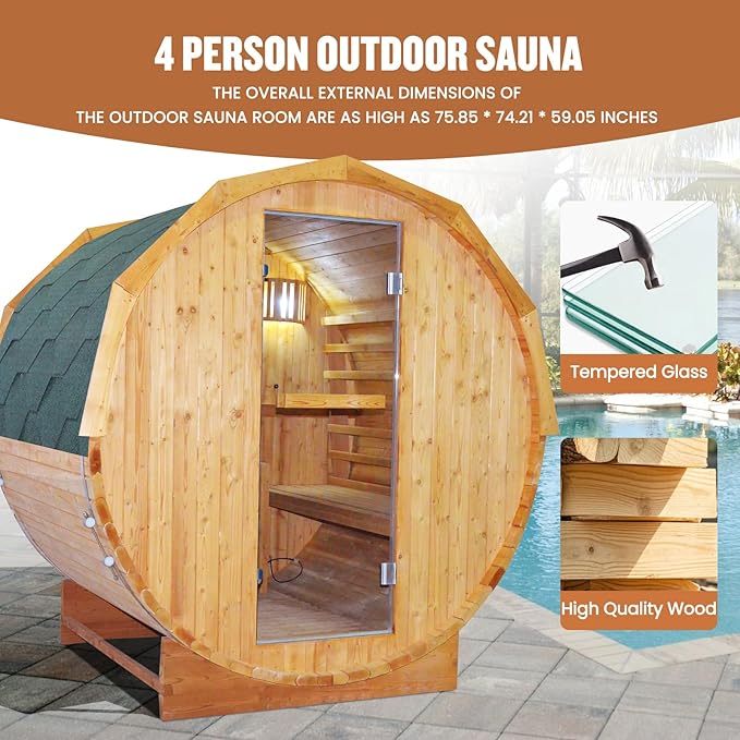 OUTEXER Outdoor Traditional Sauna 4-5 Person Wooden Saunas, 6’x6’Steam Wet Finnish Carbonized Spruce Wood Sauna 240V with 4.5KW Heater,Sauna Stone,Water Bucket,Ladle,LED Lights