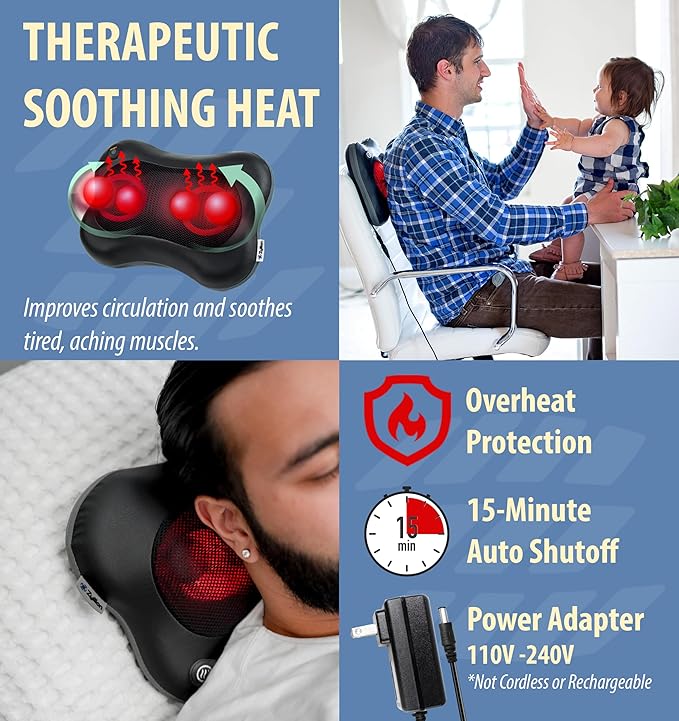 Zyllion Shiatsu Back and Neck Massager with Heat - 3D Electric Kneading Deep Tissue Massage Pillow with 2 Speeds for Muscle Pain Relief, Black, ZMA-34
