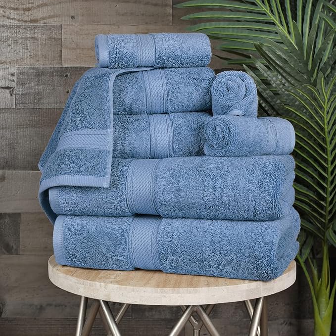 SUPERIOR Egyptian Cotton Pile 8 Piece Towel Set, Includes 2 Bath, 2 Hand, 4 Face Towels/Washcloths, Ultra Soft Luxury Towels, Thick Plush Essentials, Guest Bath, Spa, Hotel Bathroom, Denim Blue