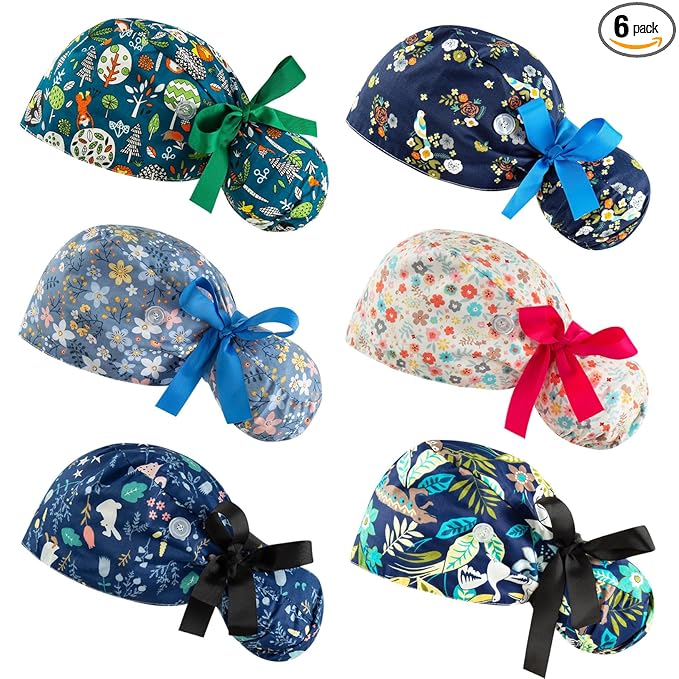Scrub Caps Women Bouffant Scrub Caps, Adjustable Working Cap Ponytail Pouch Tie Back Shower Cap