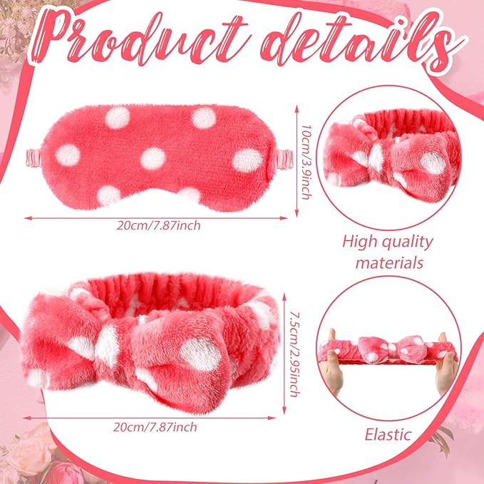 Xuhal 24 Pcs Spa Sleepover Party Favors Supplies Plush Headband and Eye Mask for Women Soft Makeup Washing Face Sleep Hair Bands for Girl Gift Birthday Stuff(Pink Series Dots and Stripes)