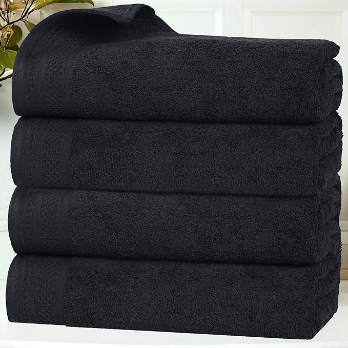 Superior Honeycomb Cotton Medium Weight Towels, for Guest Bath, Master Bathroom, Shower, Quick Dry, Adults, Home Essentials, Textured Waffle Border, Towel Set, Bath Towels, Set of 4, Black