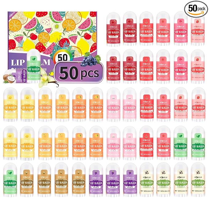 Mini Lip Balm 50 Pack, Natural Lip Balms with Vitamin E and Coconut Oil. Moisturizes for Dry Lips, Perfect for, Party Favors, Gift Bags and Small Gifts-13 Flavors