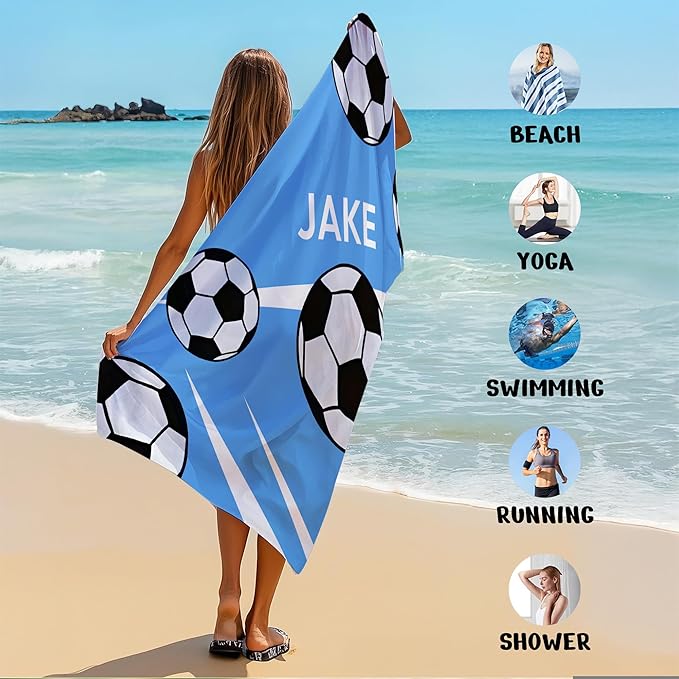 Personalized Beach Towel With Name, Custom Beach Towel with Text, Customized Football Microfiber Pool Towel, Quick Dry & Absorbent Swim Towel for Adult,Anniversary, Birthday, Summer Holiday,vacation