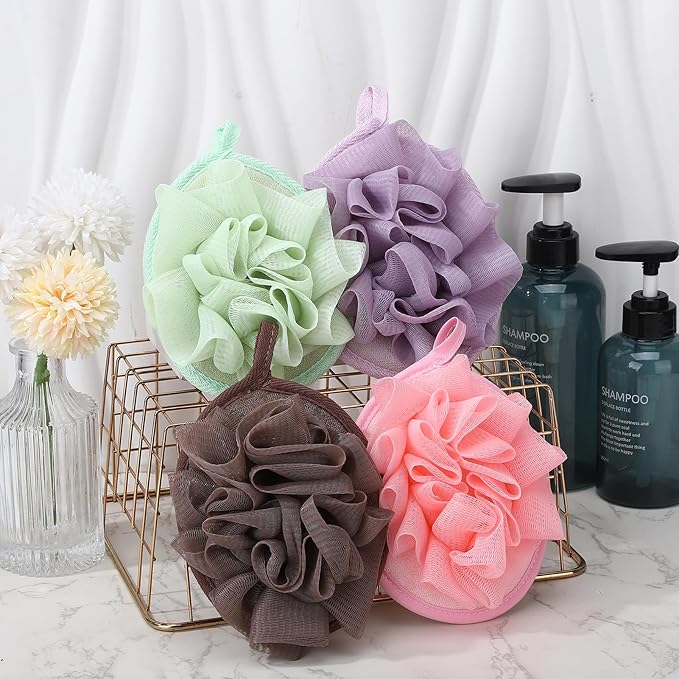 4 PCS Exfoliating Bath Sponges Soft Loofah Shower Scrubber with Elastic Hand Strap for Women Men Gentle Skin Cleansing Body Wash Towel Pouf Purple, Pink, Green, Coffee