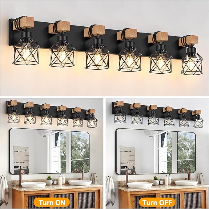 FadimiKoo 6-Light Farmhouse Bathroom Lighting Fixtures, Wood Black Vanity Lights Over Mirror, Rustic Wall Sconces Lighting with Metal Lampshade, Vintage Wall Lights for Bedroom, Living Room, Hallway