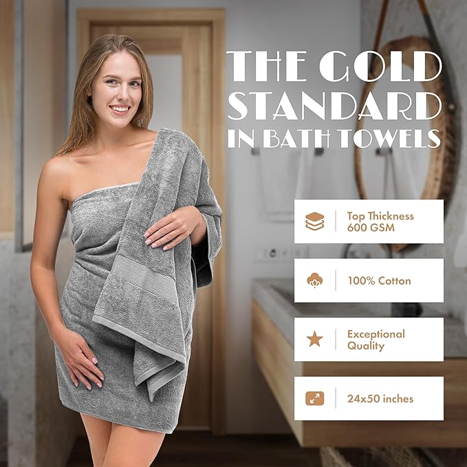White Classic Wealuxe Light Gray Bath Towels 24x50 Inch, Cotton Towel Set for Bathroom, Hotel, Gym, Spa, Soft Extra Absorbent Quick Dry 6 Pack