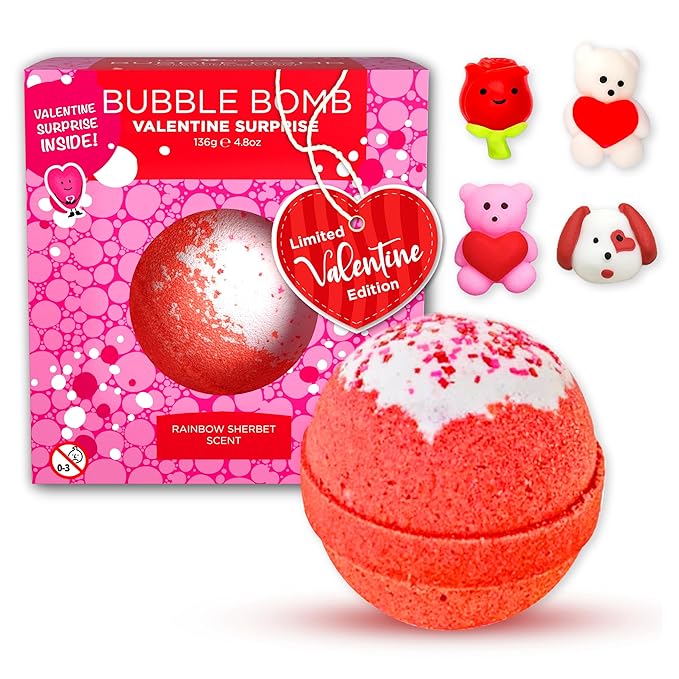 Valentines Bath Bombs for Kids with Surprise Heart Squishy Toys Inside (1 Pack) - Bubble Bath, USA Made, Kids Safe Ingredients, Fruity Scents, Valentines Day Gifts for Kids & Women by Two Sisters