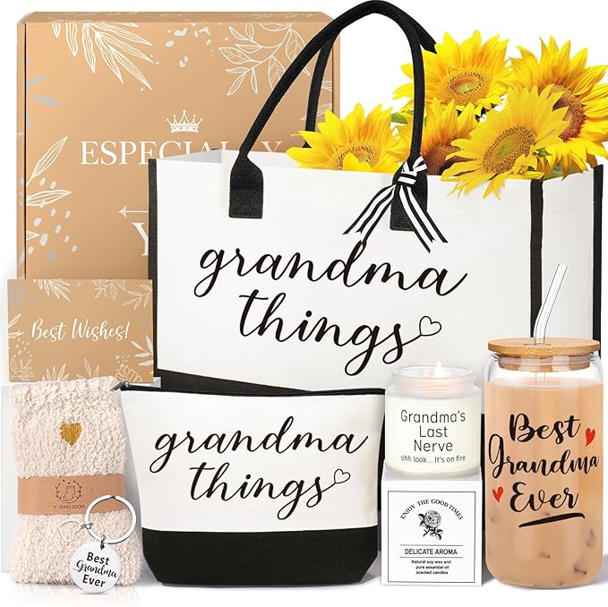 iAOVUEBY Grandma Gifts, Birthday & Mothers Day Gifts For Grandma, Best Grandmother Gift Set from Granddaughter Grandkids - Unique Canvas Tote Bag Makeup Bag 16 Oz Can Glass Care Package for Women