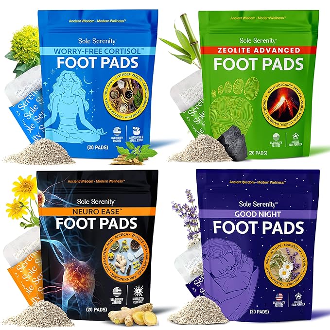 Sole Serenity 4 Pack Foot Pads Essentials Bundle - Zeolite, Good Night, Worry-Free and NeuroEase Foot Pads for Relaxation & Self Care (4 Unique Blends)