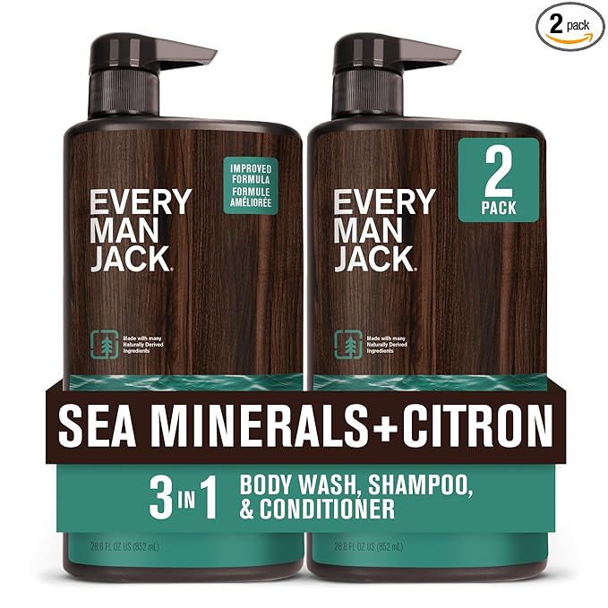Every Man Jack Sea Minerals + Citron Hydrating Mens 3-in-1 All Over Wash for All Skin and Hair Types - Body Wash, Shampoo and Conditioner with Naturally Derived Ingredients - 28.8oz (2 Pack)