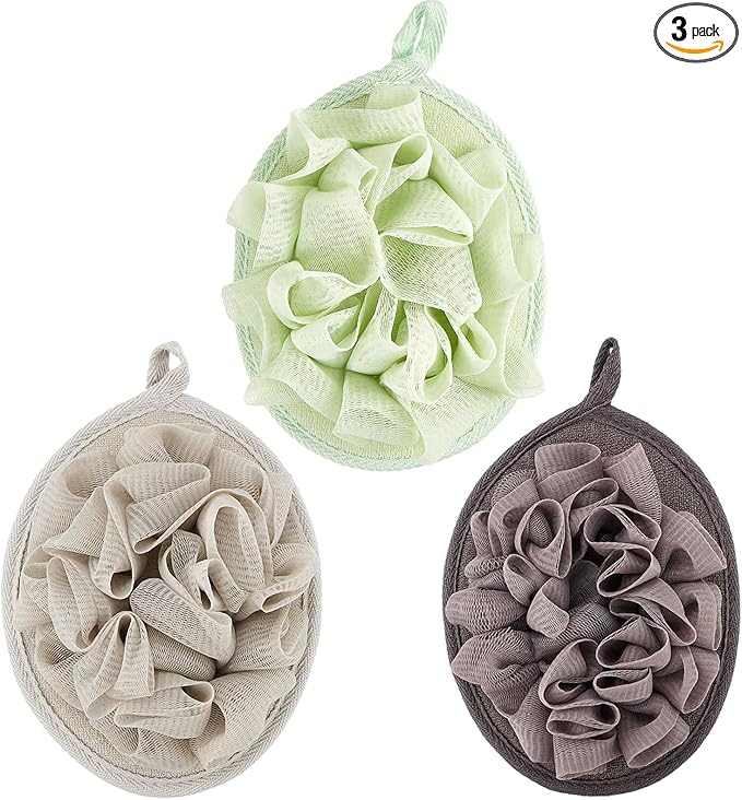 Boao 3 Pcs Bath Shower Pouf Sponge Mesh Pouf Shower Ball Exfoliating Body Sponge Pad Scrubber Glove with Flower Bath Ball (Green,Khaki,Dark Brown)
