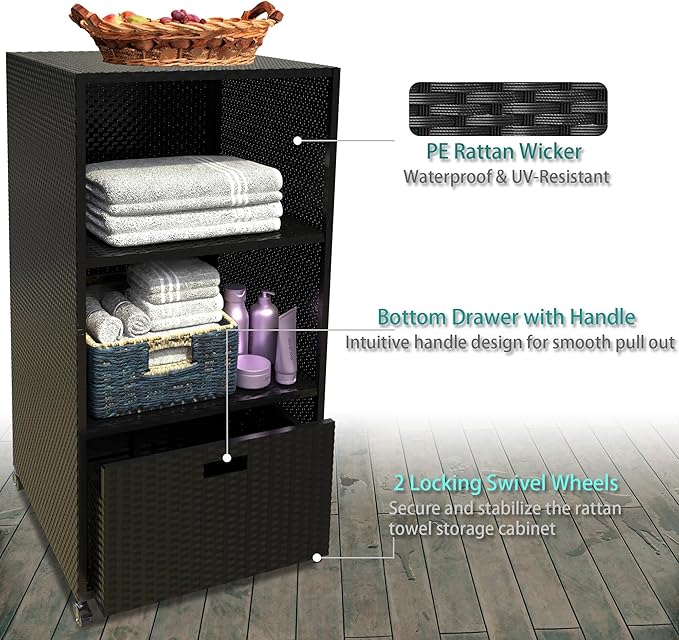HOOYEAH Pool Towel Rack Outdoor, Waterproof PE Plastic Rattan Wicker Pool Storage Bins Storage Cabinet Organizer, Poolside Towel Caddy with Rolling Wheels for Hot Tub Spa Accessories,Black