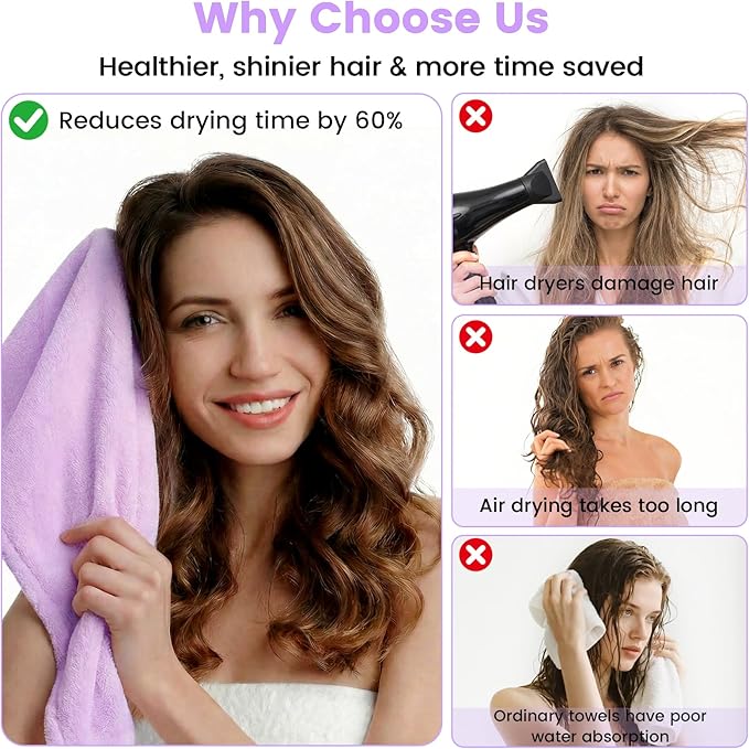 Microfiber Hair Towel Wrap for Women, 2 Pack Large Fast Drying Hair Towel, Ultra Soft Thick Absorbent Anti-Frizz Towel for Curly Long Wet Hair, Durable Double Stitched Edges(Purple /Lavender)