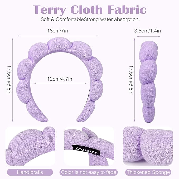 Ztomine Spa Headbands, Set of 2, Terry Cloth Headband for Washing Face or Facial, Puffy Makeup Headbands for Face Washing, Mask, Beige + Purple (1 Beige & 1 Purple Combo Pack)