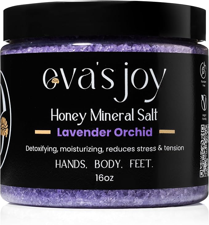 Eva's Joy Lavender Orchid Mineral Bath and Foot Soak, Made with Epsom Salt Crystals, Oil-Free, Exfoliating & Nourishing, Relaxing Lavender Scent, Cleanses & Hydrates Skin, 16 oz