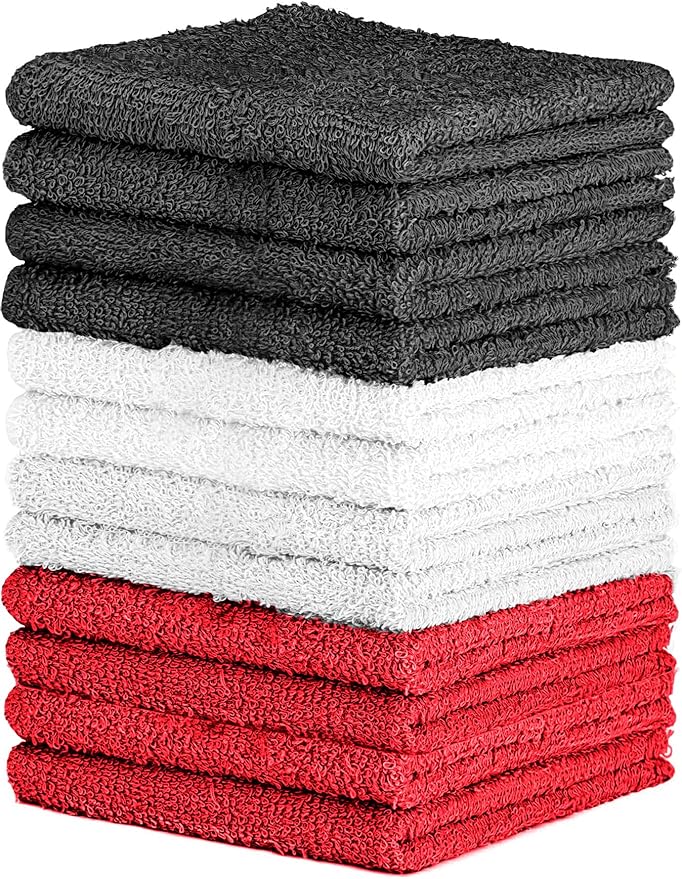 QUBA LINEN 100% Cotton Washcloth Set – Soft, Absorbent Face Towels for Bathroom & Gym Use – Durable & Reusable Wash Cloths - Dark Grey, White & Burgundy, 12x12 Inches, Pack of 12