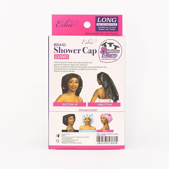 Esha Girl - Shower Cap for Extra Long Hair, Braids, Locs, Twists – Waterproof – Snug Fit Guarantees No Leaks – Easy Button Up (Light Blue, Long (22.3" x 9"))