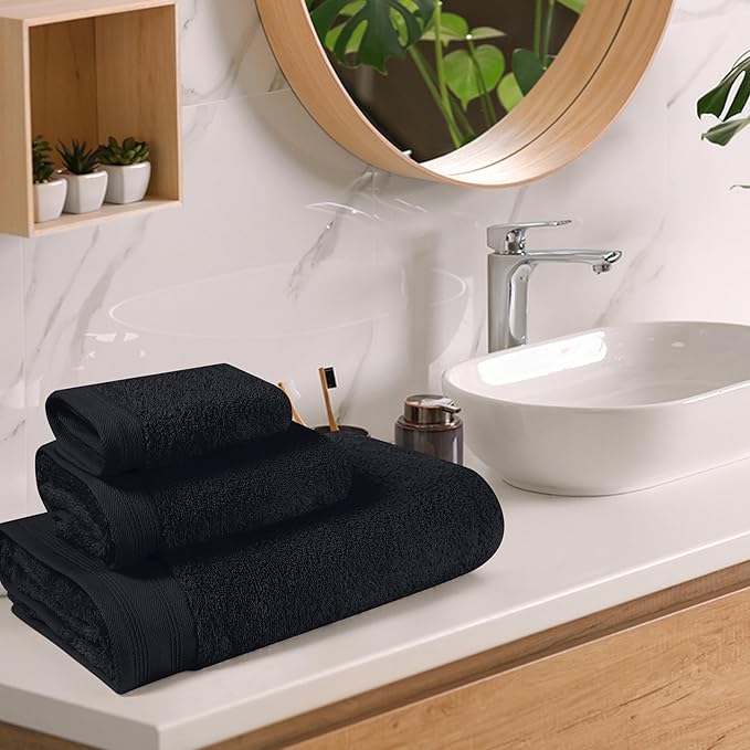 Ultra Soft 3 Pack Cotton Towel Set, Contains a Bath Towels 28x55 inch, a Hand Towels 16x24 inch & a Wash Coths 12x12 inch, Ideal Everyday use, Compact & Lightweight - Black, Medium