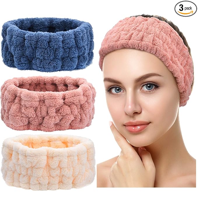 Chuangdi 3 Pieces Spa Headband for Women Facial Makeup Headband Soft Terry Cloth Hairband for Washing Face Mask Spa Shower Gifts(Dark Pink, Dark Blue, Milky-White)