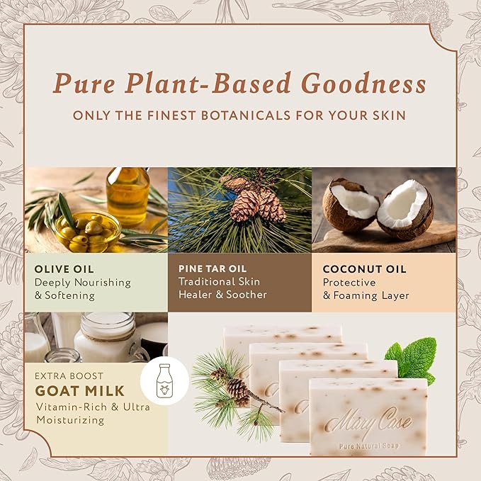 Mary Case Goat Milk & Pine Tar Bar Soap Set of 4 | Natural Soap with Olive, Coconut & Pine Oils + Dried Pine Leaves | Bath Soap for Men & Women | Sensitive Skin,