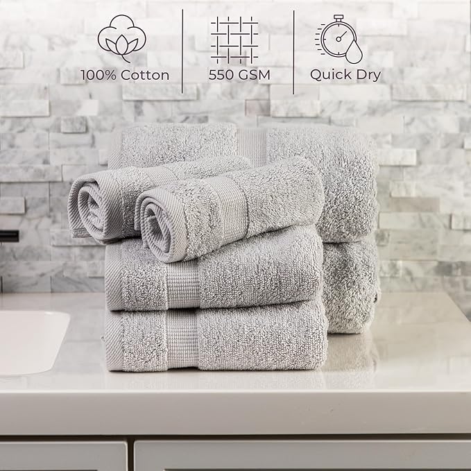 Lavish Home 6 Piece Towel Set - 550 GSM 100% Cotton Bathroom Accessories - 2 Bath Sheets, 2 Hand Towels, and 2 Wash Cloths - Soft and Absorbent Bathroom Set for Shower, Gym, Dorm, and Spa (Gray)