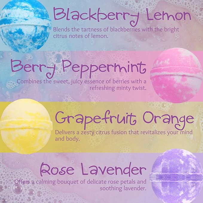 The Soap Lady Seasonal Bath Bombs - Berry Peppermint, Blackberry Lemon, Grapefruit Orange & Rose Lavender - 4 Pack