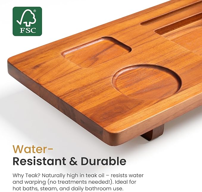 Luxury Teak Bathtub Caddy Tray - 35" Expandable Bath Bridge for Freestanding & Standard Tubs - Water-Resistant Solid Wood Spa Organizer with Wine Glass, Phone Holder & Non-Slip Grips