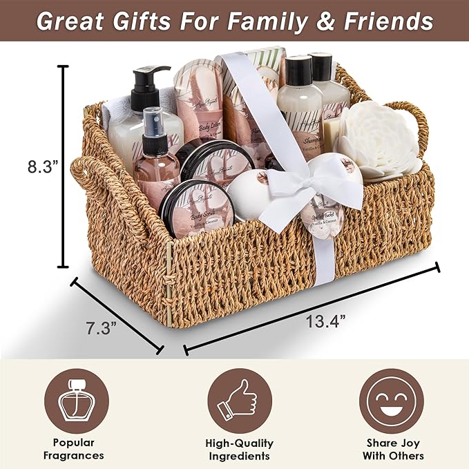 Aqua Elegante Bath Spa Gift Set - 15 Piece Premium Basket with Wash, Bubble Bath, Lotion, Salts, Body Scrub, Towel, Shower Puff, Bathbombs, Reusable Basket, Gifts for Women - Coconut & Vanilla