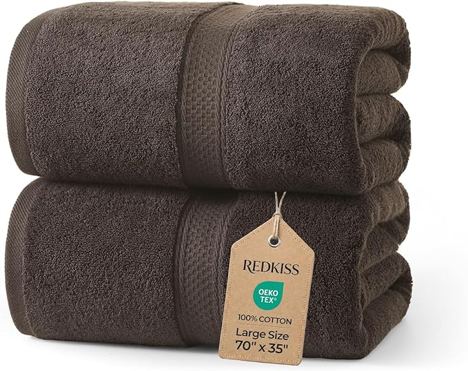 REDKISS 2 Pack 70"x35" Extra Large Bath Sheets for Bathroom - 100% Cotton Soft Fluffy Quick Dry Lightweight Towels for Tall or Curvy Adults, Full Body Coverage Shower, Pool, Yoga Travel, Brown