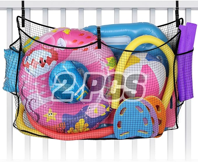 2Pcs Large Pool Float Toy Storage Net - 59x11.8x33.5in Durable Mesh Net Organizer for Fence with Straps, Poolside Fence Toys Holder for Inflatable Rafts Pool Noodles Balls Swimming Ring