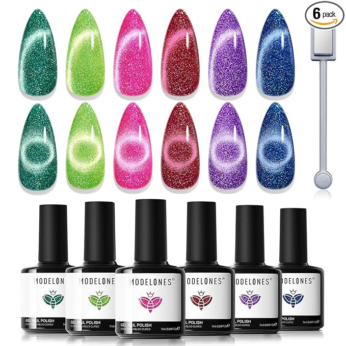modelones Cat Eye Gel Nail Polish, 6 Colors Glitter Summer Red Pink Purple Green Blue Gel Polish Set with Magnet Sparkle Nail Gel Polish Kit Soak Off Led Nail Art Manicure Salon DIY Gifts
