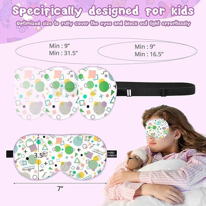 Kids Sleep Mask Eye Cover: 100% Real Natural Pure Silk Eye Mask with Adjustable Strap, Funny Blindfold Kids Eye Mask for Sleeping, Soft & Lightweight Eye Shade for Boys Girls Teens (Memphis Style)