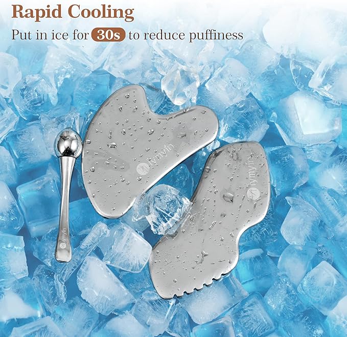 3-in-1 Stainless Steel Gua Sha Tools with Cold Therapy, Facial Scraping Tools for Jaw Lift Massager, Puffiness Reduction, Lymphatic Drainage & Skin Tightening, Gift-for Mom, Summer Skin Care