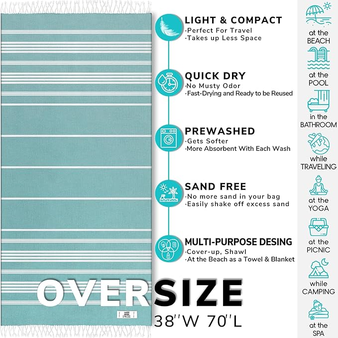 EPHESUS TOWELS Turkish Beach Towel - 38x70 inch Oversized - Sultan Design - Turkish Towel for Beach, Bath, Pool, Gym, Yoga - Prewashed, Lightweight, Quick Dry (Cool Mint, Sultan)