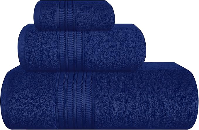 BOUTIQUO Ultra Soft 3 Pack Cotton Towel Set, Contains a Bath Towels 28x55 inch, a Hand Towels 16x24 inch & a Wash Coths 12x12 inch, Ideal Everyday use, Compact & Lightweight - Navy Blue
