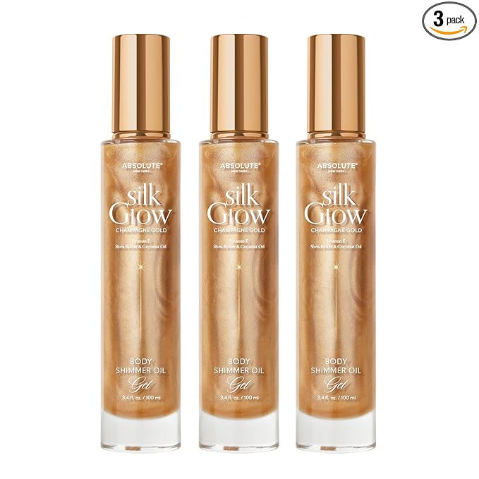Absolute New York - Silk Glow Shimmer Mist Glow, Radiant, Shimmer Body & Face & Hair, Shea Butter, Coconut Oil, Vitamin E (SBGS05 Champagne Gold Oil Gek (Set of 3), 3.4 fl oz)