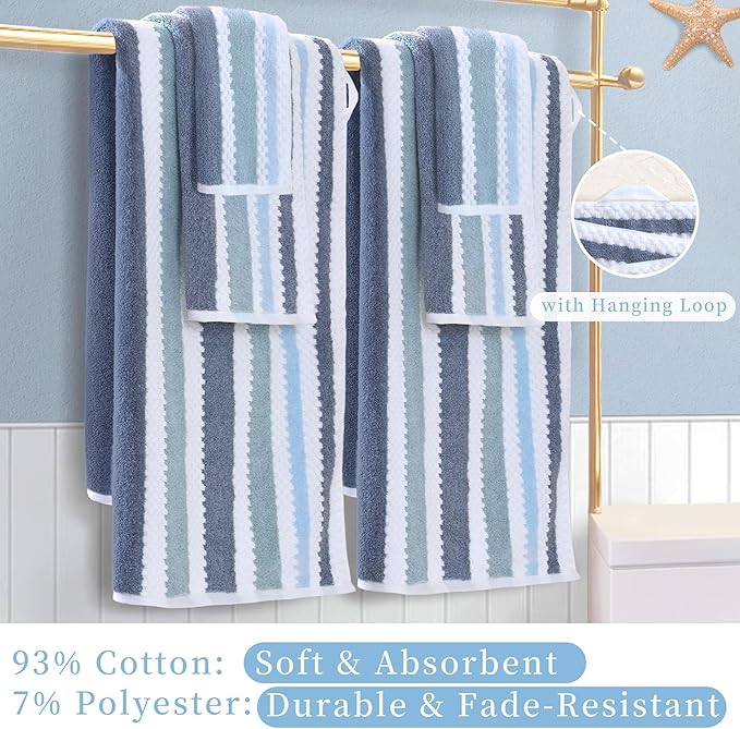 VOOVA & MOVAS Stirpe Towels for Bathroom - Quick Dry | Lightweight | 540GSM,2 Bath 30"x56", 2 Hand 16"x27",2 Washcloths 13"x13",Cotton Blend Towels with Hanging Loops,Blue Gray White Stripe