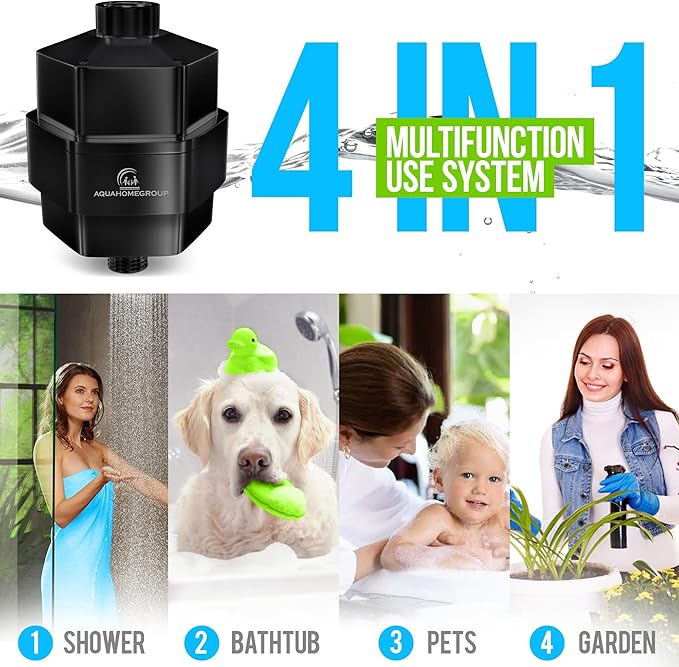 AquaHomeGroup 20 Stage Shower Filter - Reduces Chlorine, Heavy Metals and Sediment - Vitamin C and E - High Output - Universal Fit - Black