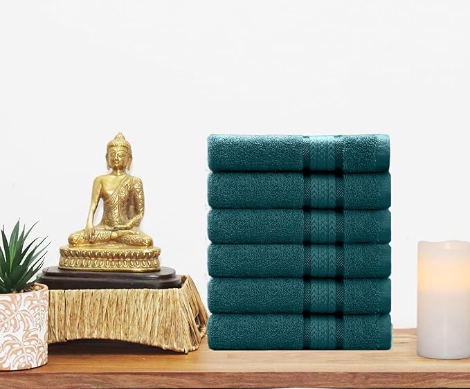 Cotton Craft Ultra Soft 6 Pack Hand Towels 16x28 Teal Weighs 6 Ounces Each - 100% Pure Ringspun Cotton - Luxurious Rayon Trim - Ideal for Everyday use - Easy Care Machine wash