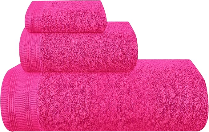 Ultra Soft 3 Pack Cotton Towel Set, Contains a Bath Towels 28x55 inch, a Hand Towels 16x24 inch & a Wash Coths 12x12 inch, Ideal Everyday use, Compact & Lightweight - Hot Pink